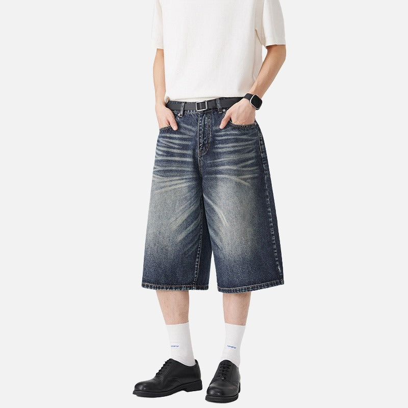 Wide-Leg Distressed Denim Shorts