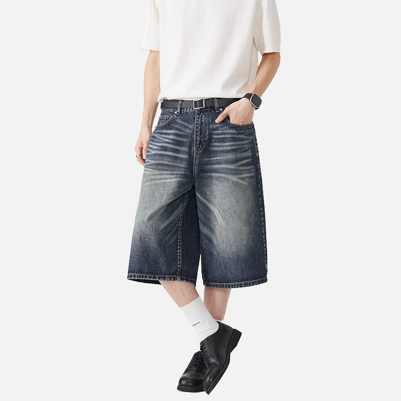 Wide-Leg Distressed Denim Shorts