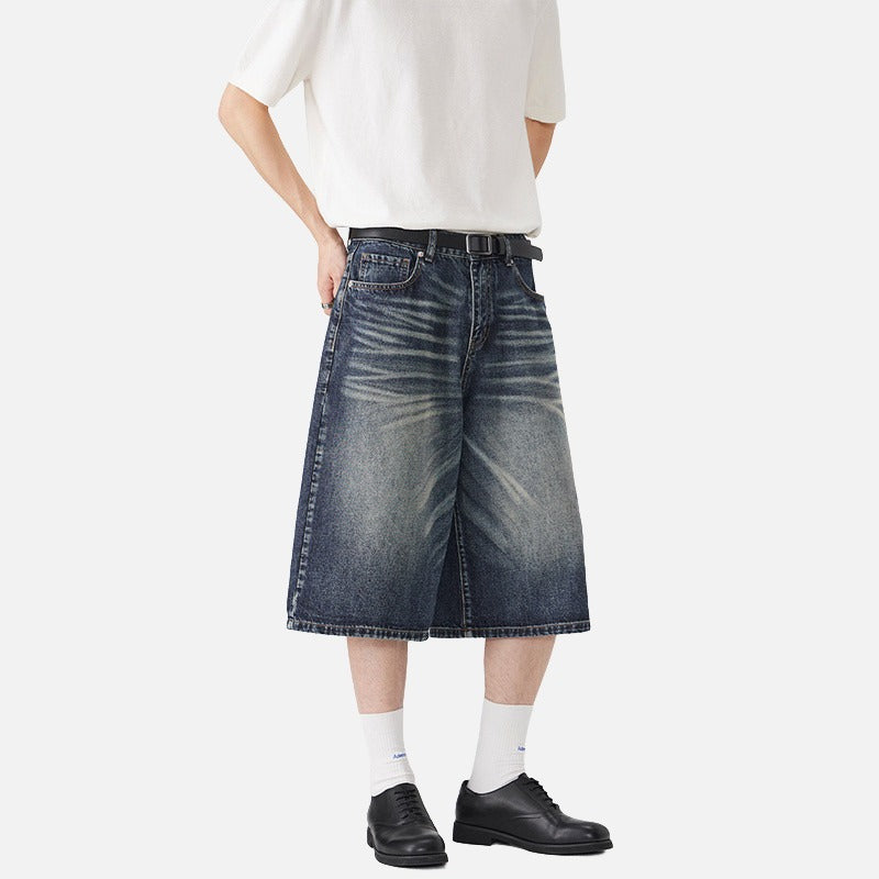 Wide-Leg Distressed Denim Shorts