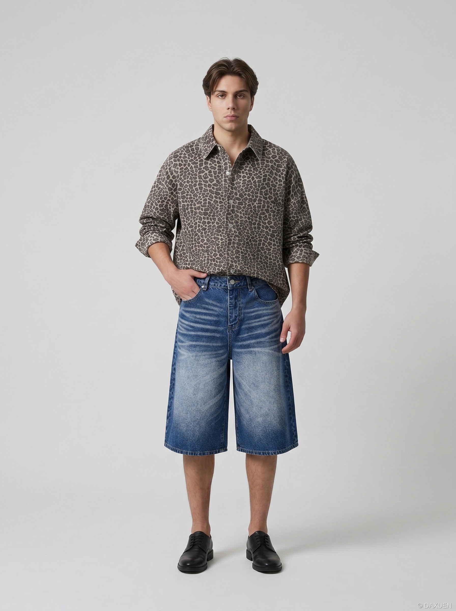 Wide-Leg Distressed Denim Shorts