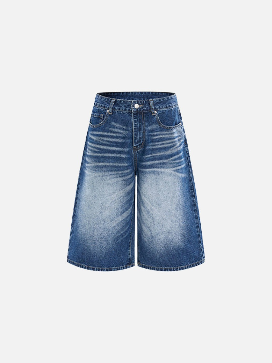 Wide-Leg Distressed Denim Shorts