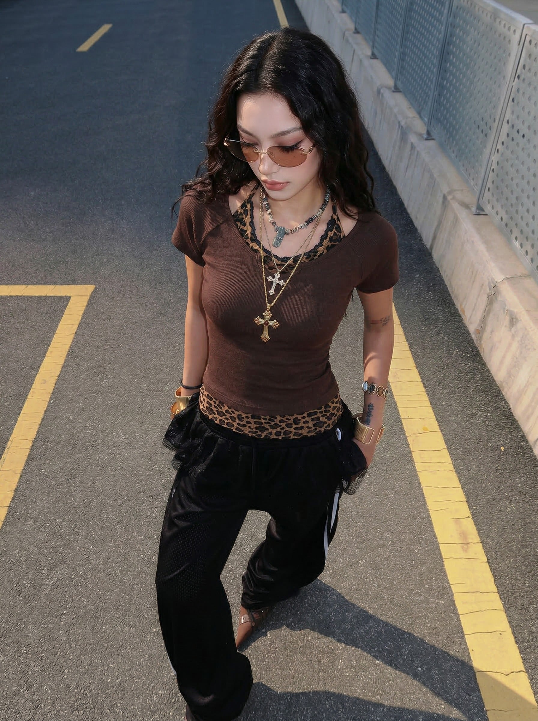 Layered Leopard Print Knit Top