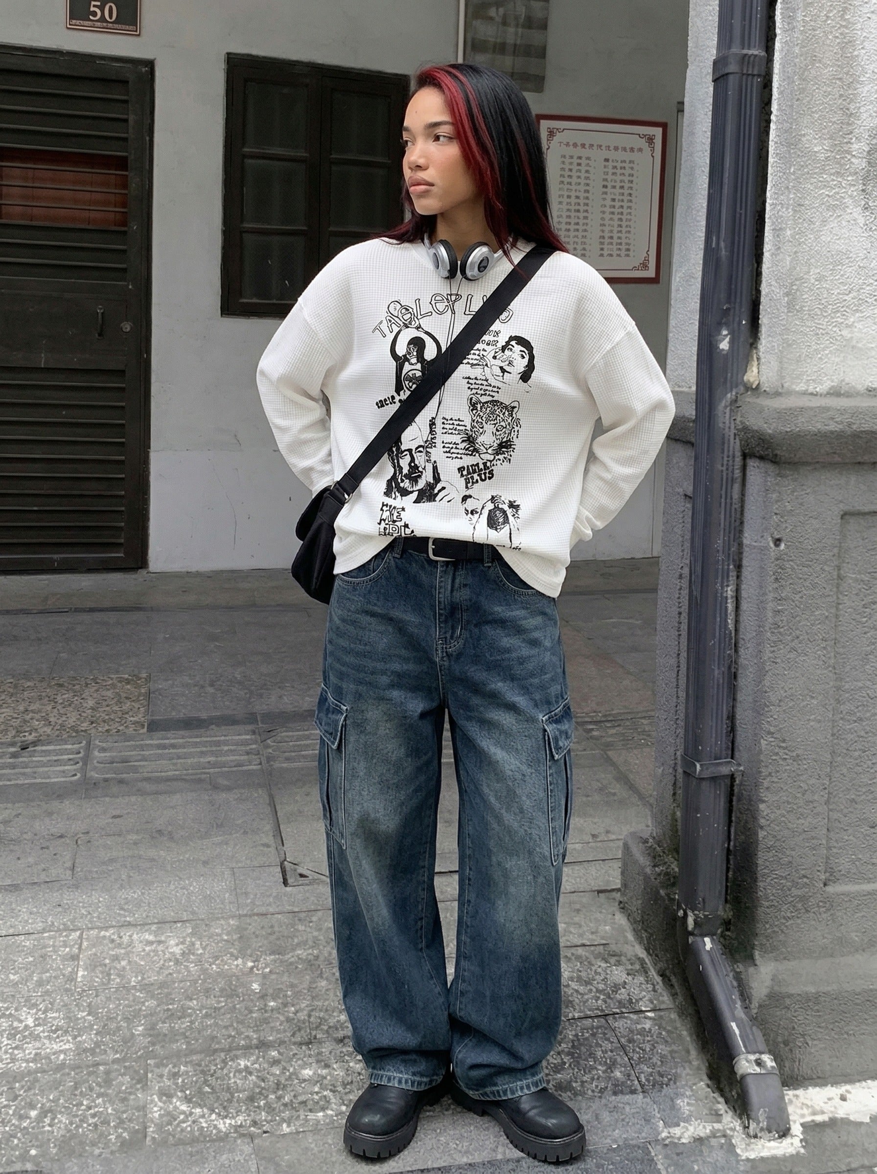 Camiseta de manga larga con gráfico de punto gofre